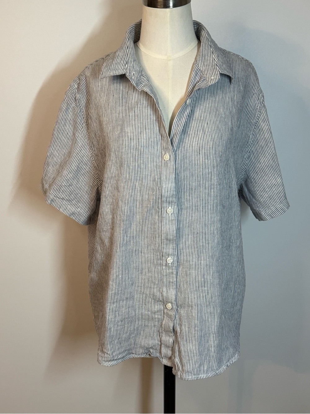 Light Blue and White Striped Short-Sleeve Women’s Linen Shirt